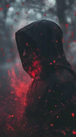 Mysterious hooded figure glows with swirling red embers.