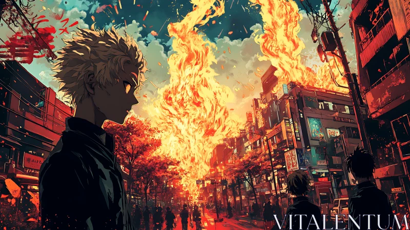 Blond youth observes towering inferno over neon city street
