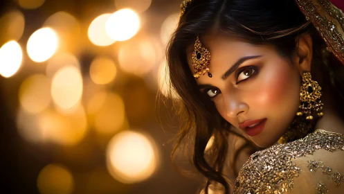 Bridal portrait with golden jewelry and warm bokeh lights.