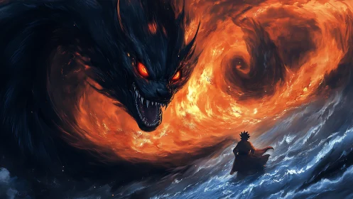 Dark flame creature confronts lone figure amid turbulent sea