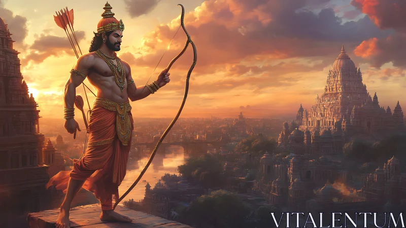 Sunlit warrior prince overlooking mythic temple cityscape.
