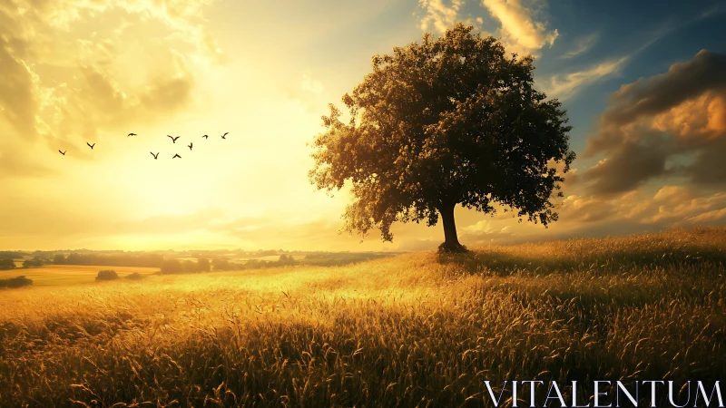 Sunlit lone tree guarding a sea of golden whispering grass.