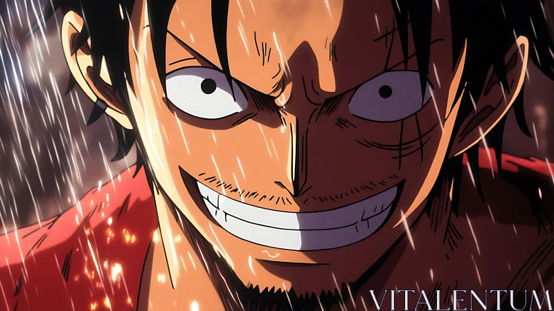 Intense close-up of grinning anime hero under dynamic rain