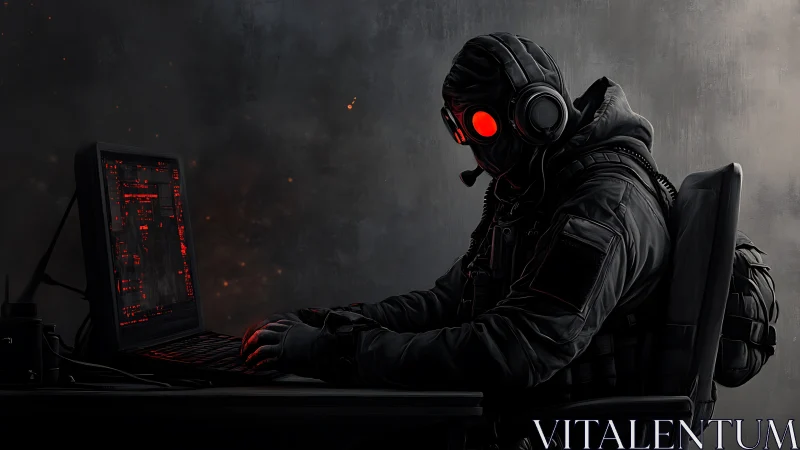 Masked operator at computer in dark industrial setting.