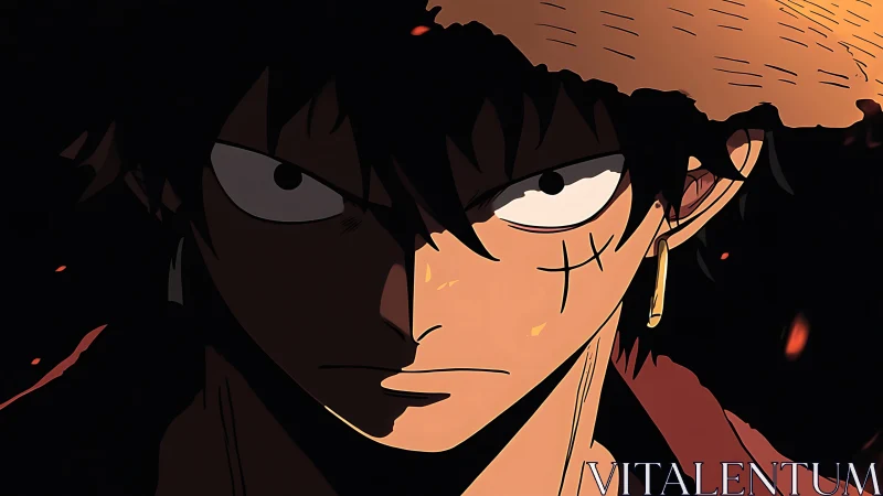 Straw-hatted anime hero framed in firelit determination.