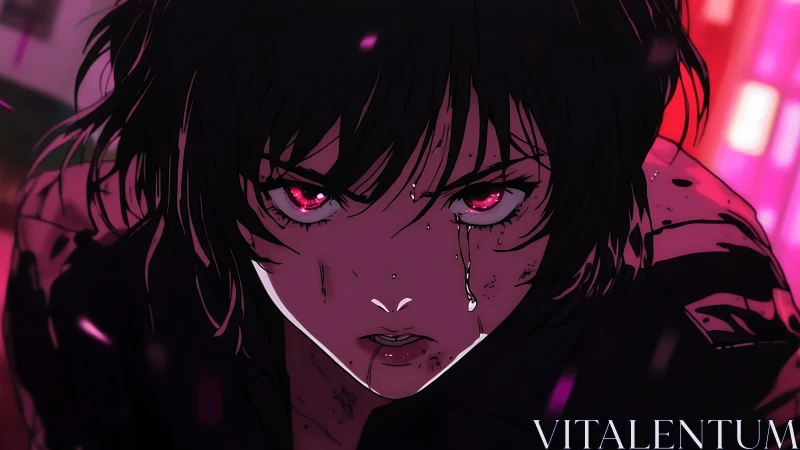 Intense anime warrior stares ahead with glowing red eyes.