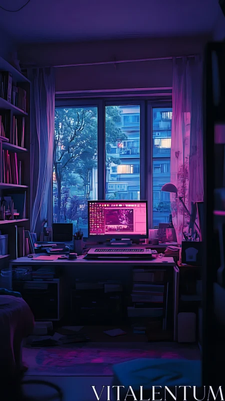 Home workstation with city window and magenta desk lighting.