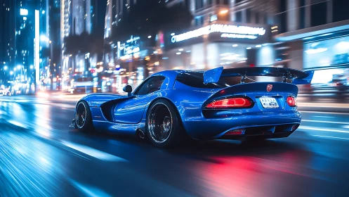 Midnight blue supercar racing through neon city streets.