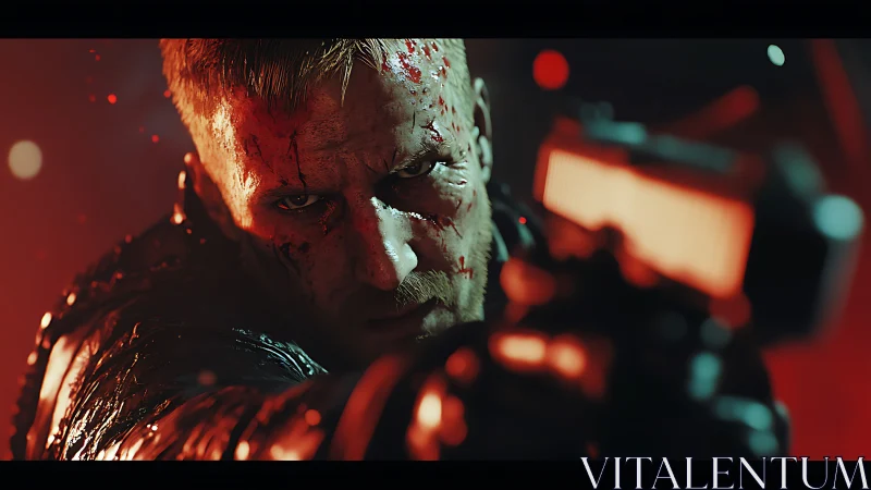 Battle-scarred gunman locks aim under neon red glare.