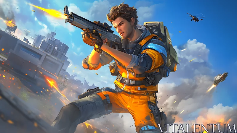 Armed space marine leaps through urban battlefield under fire