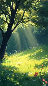 Sunlit forest clearing welcomes wildflowers into gentle light