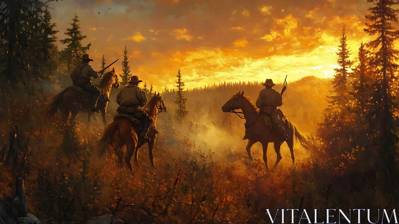 Cowboy riders survey a sunset forest in painterly chiaroscuro
