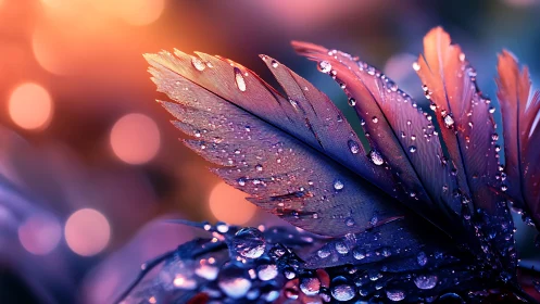 Water droplets adhere to iridescent feathers in close focus