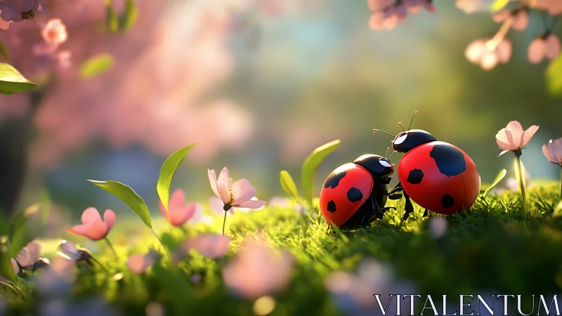 Macro ladybug pair on moss with soft bokeh blossoms