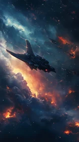 Starship squadron traverses dense nebula and plasma field