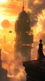 Silhouetted figure observing towering sci fi city at dusk.