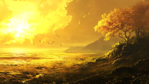 Coastal landscape under intense yellow sunset light.