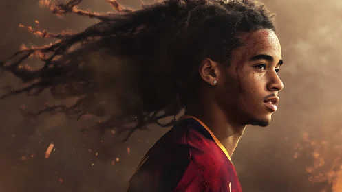 Young athlete gazes forward through smoky golden dusk