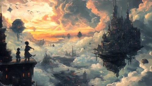 Skyborne children overlook floating neo-gothic cloud city.