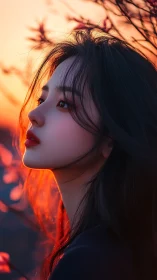 Sunlit profile of a serene woman at glowing sunset.