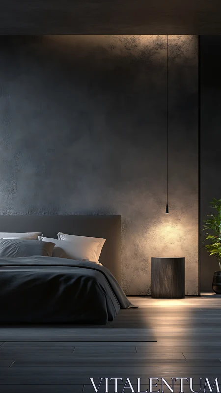 Minimalist dark bedroom uses warm accent lighting and texture