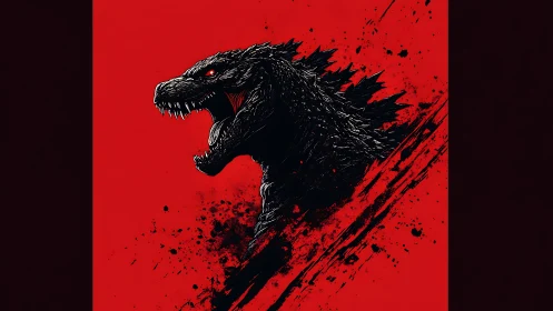 Monstrous reptile silhouette shreds bold crimson void.