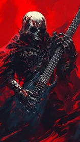 Skeletal metal guitarist in blood red cloak artwork.