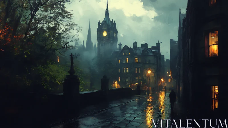 Gothic clocktower rises above foggy, lamplit city street.