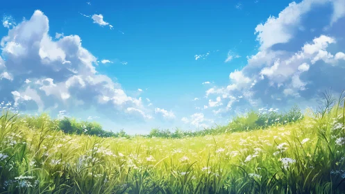 Sunlit meadow stretches gently beneath a bright summer sky