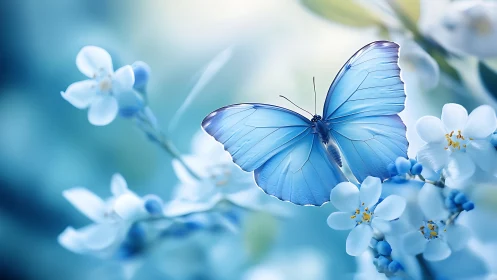 Blue butterfly resting on white blossoms in soft focus field.