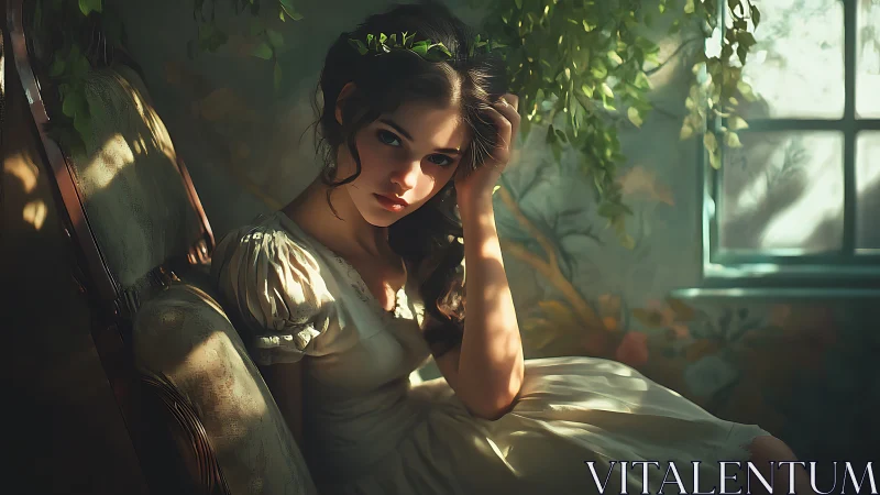 Sunlit girl rests in a dreamy vintage garden room.