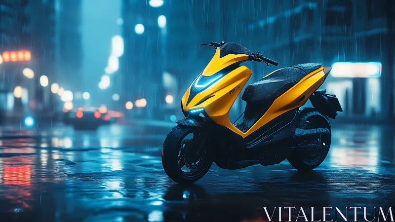 Yellow electric scooter gleams in neon rain-soaked city street.
