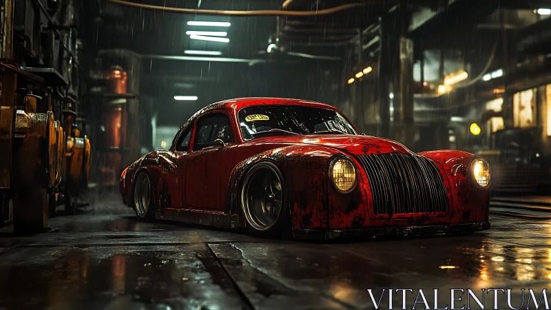Rust-patina red custom coupe in cinematic industrial rain scene.