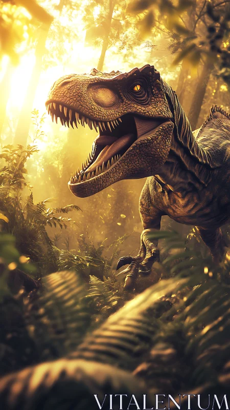 Dinosaur rendered in high-detail 3D, backlit within dense jungle canopy