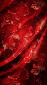 Luxurious red damask fabric ripples with ornate floral grace
