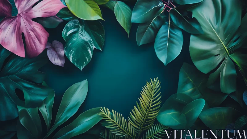 Tropical leaves form vivid frame around deep teal center