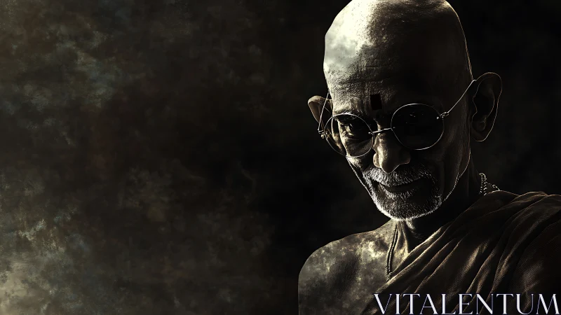 Elder monk portrait in deep shadowed golden light.