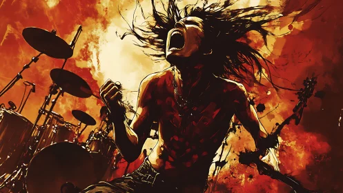 Digital illustration shows rock musician performing on stage