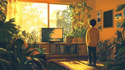 Sunlit living room garden with a quiet, daydreaming child.