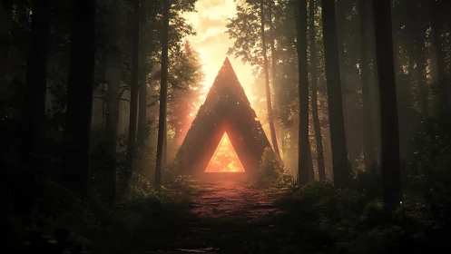 Ethereal Pyramid Gateway: Luminous Portal Through Ancient Forest.