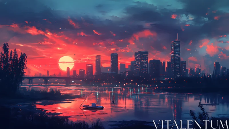 Crimson sunset sinks behind a glowing futuristic city skyline