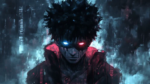 Dual-glow antihero in glitching neon storm backdrop.