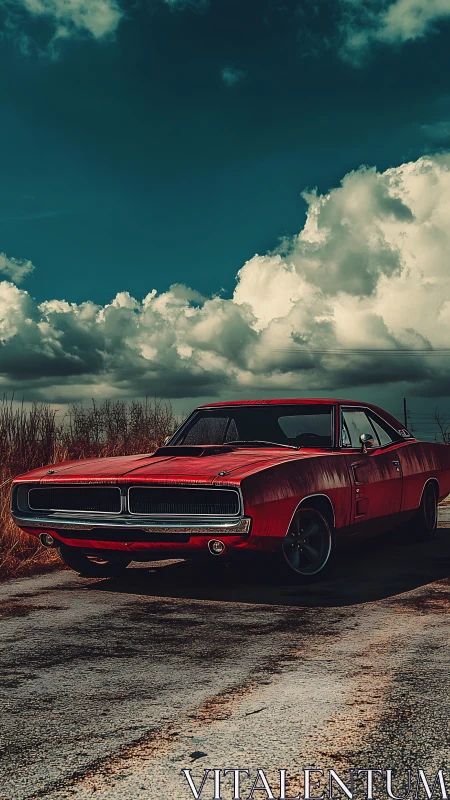 Red vintage muscle car on rural road under cloudy sky.