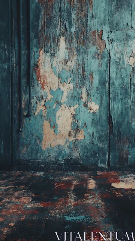 Weathered teal wall and floor with distressed peeling paint.