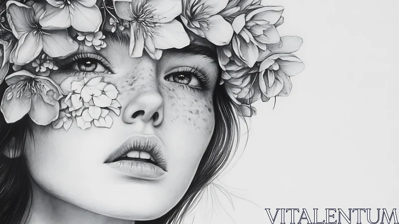 Monochrome portrait of girl with freckled face and flowers
