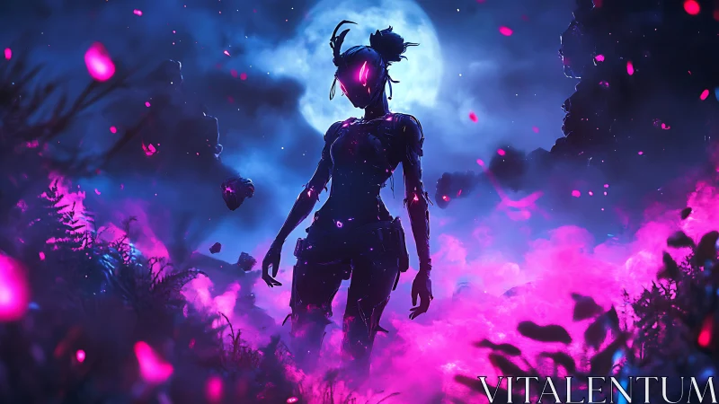 Neon-lit cybernetic silhouette in lunar backlit forest haze