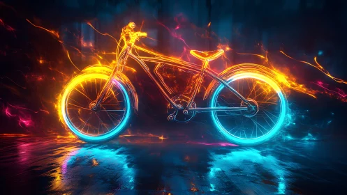 Illuminated bicycle rendered with neon glow effects.