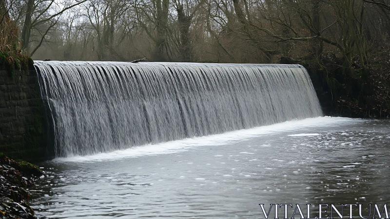 Low-head river weir with uniform laminar overflow and winter trees