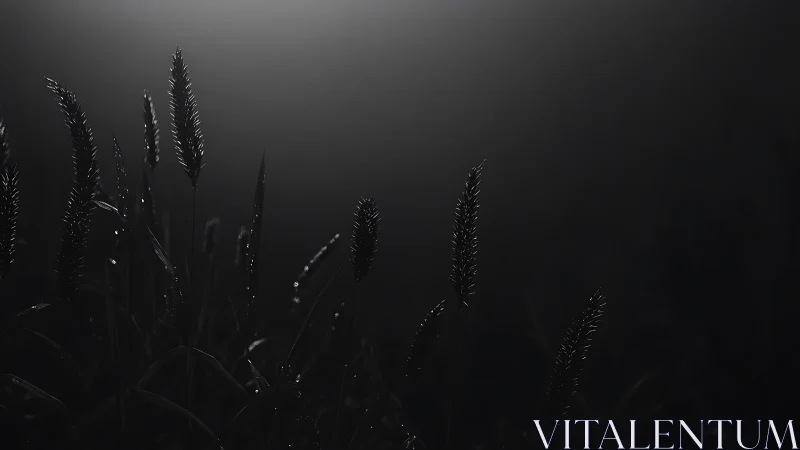 Backlit grass seed heads in low-key monochrome field scene.