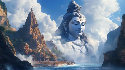 Colossal Shiva cloud apparition over coastal temple complex.